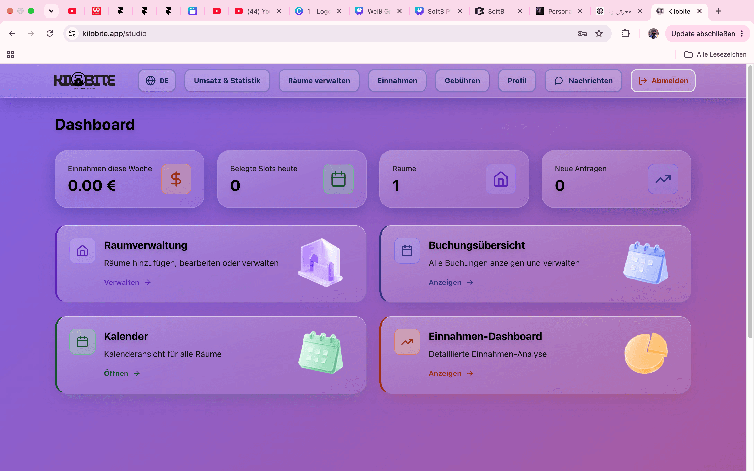 Kilobite Studio-Dashboard mit Buchungen, Kalender und Einnahmen