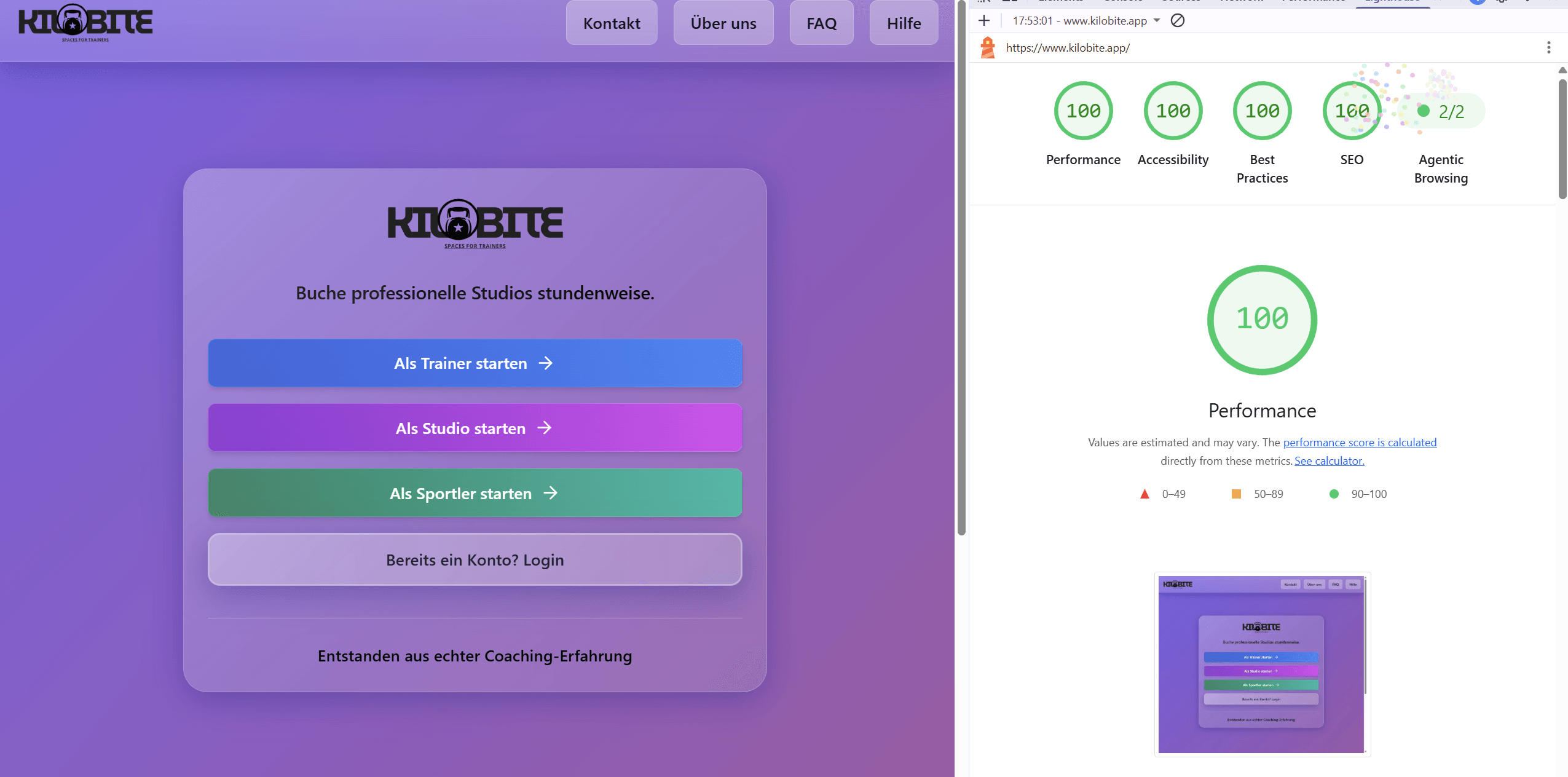 Lighthouse-Auswertung der Kilobite-Web-App