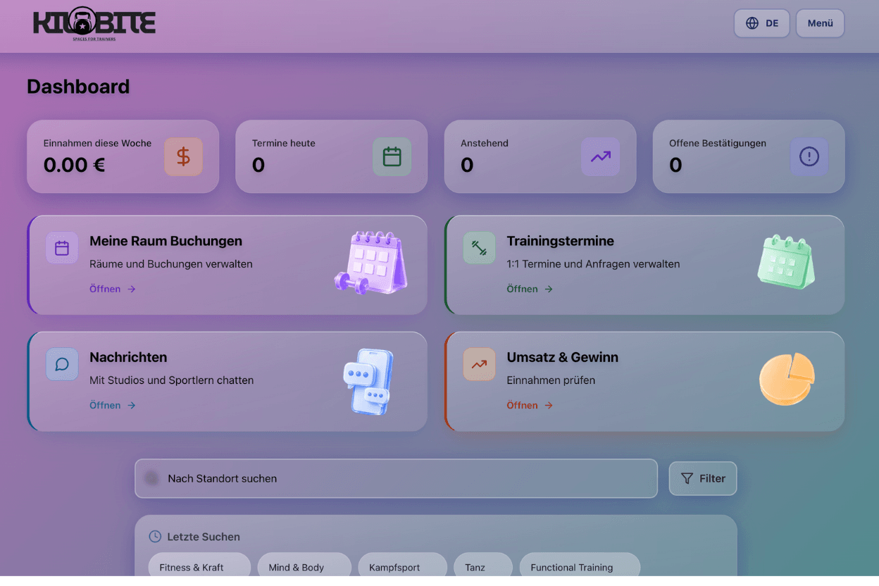 Kilobite-Dashboard mit Übersicht zu Terminen, Buchungen und Modulen
