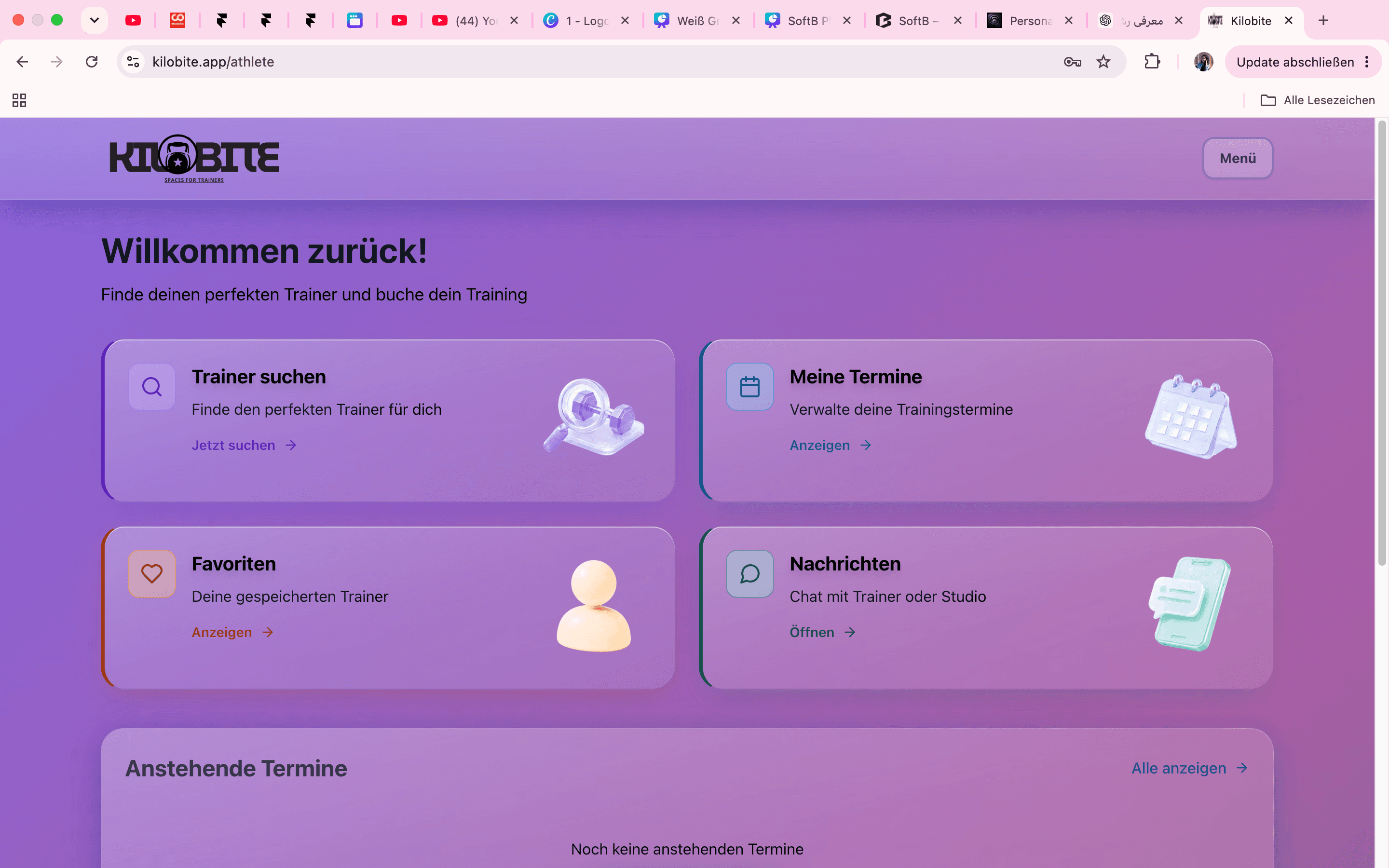 Kilobite Dashboard mit Buchungen, Terminen, Nachrichten und Zahlungsinformationen