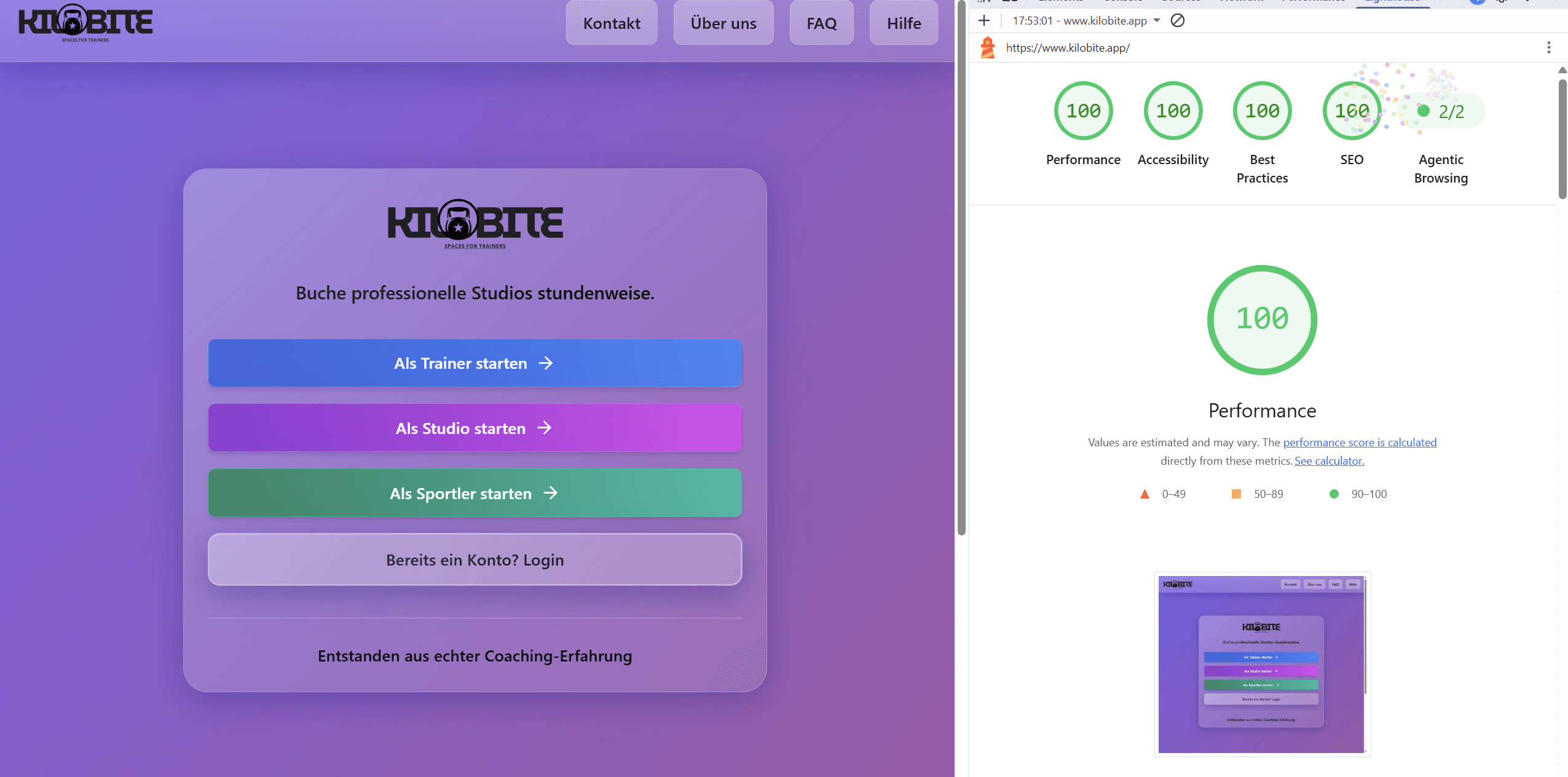 Lighthouse-Auswertung der Kilobite-Web-App