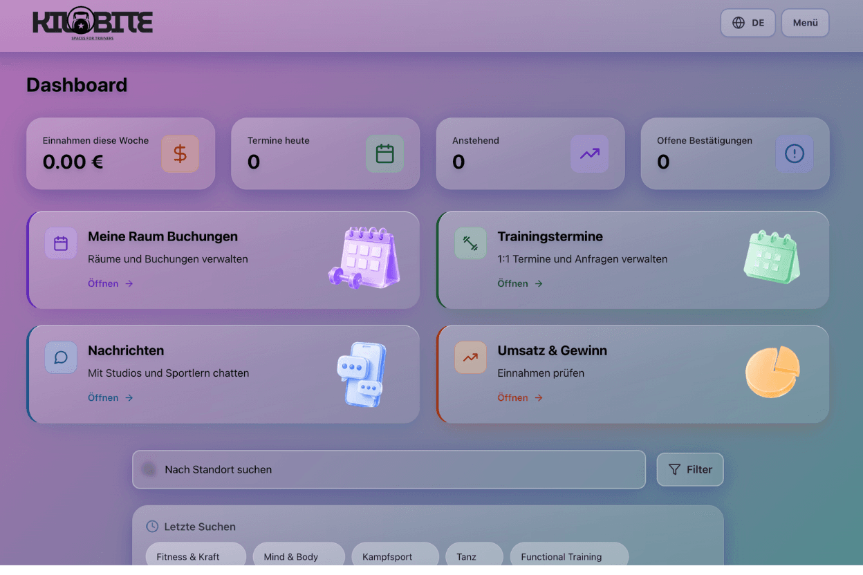 Kilobite-Dashboard mit Übersicht zu Terminen, Buchungen und Modulen